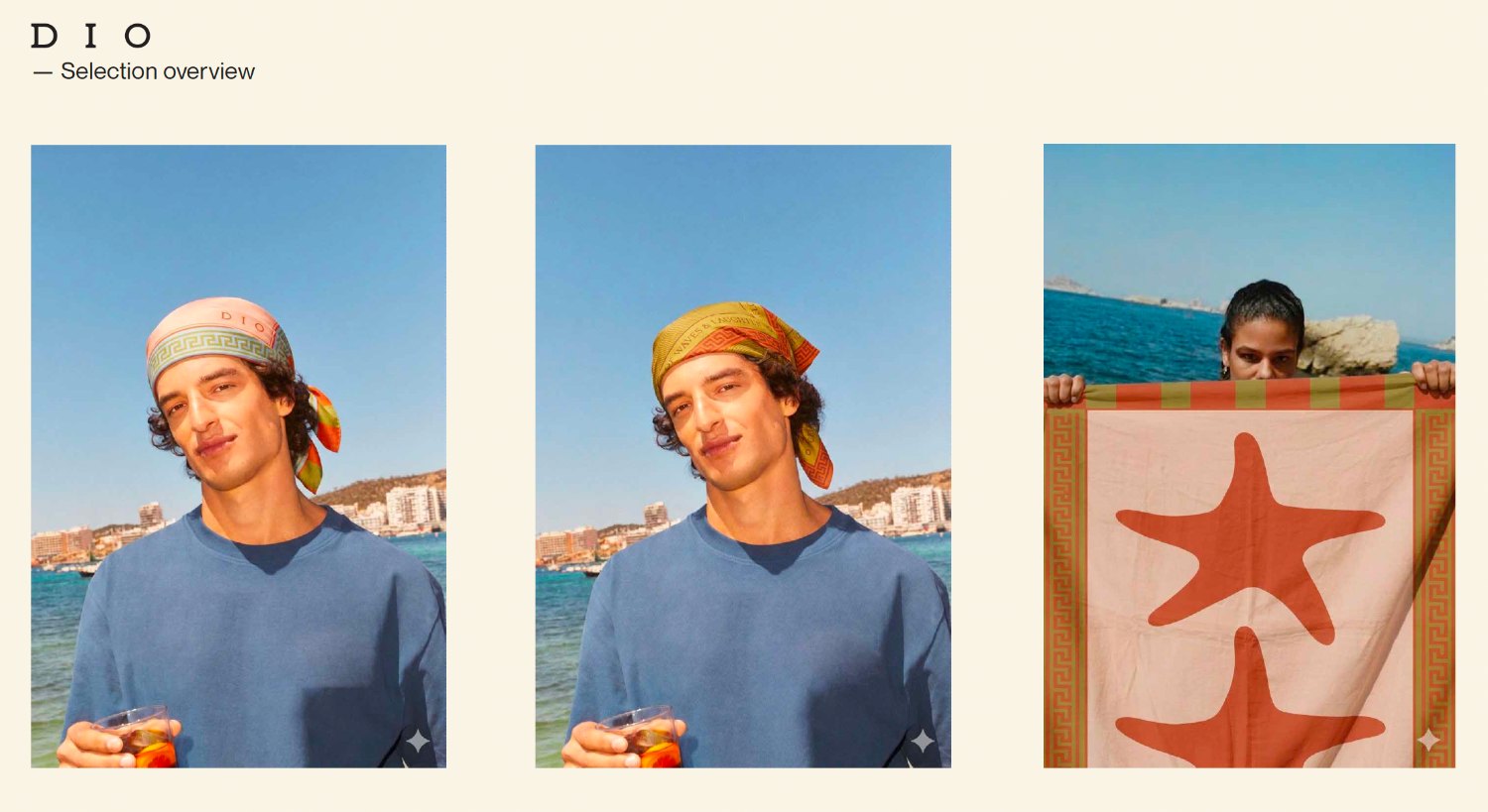 DIO head scarves worn — styled on the beach