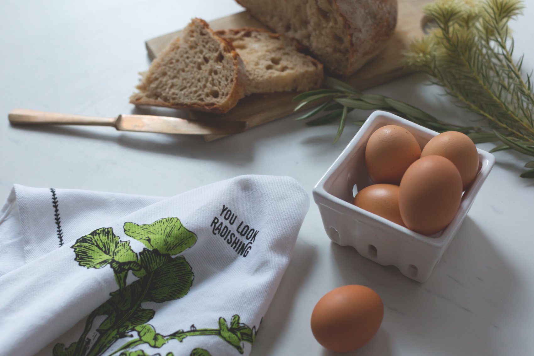 Sourdough, eggs and printed tea towel