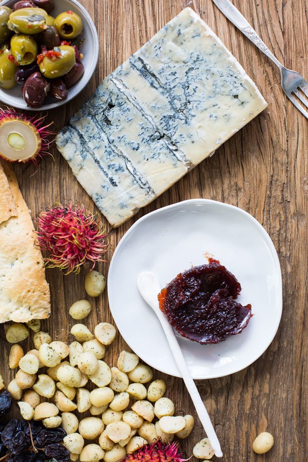 Blue cheese, olives and fig paste grazing board