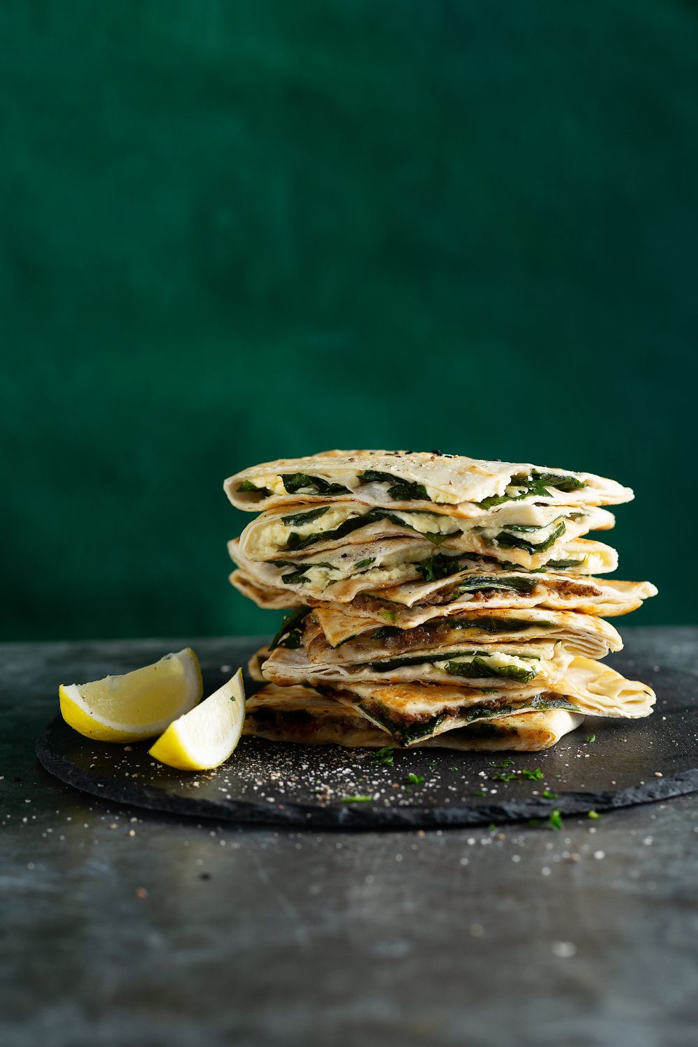 Spinach and feta gozleme stack with lemon