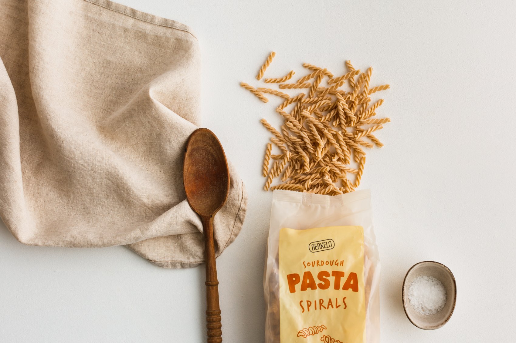 Berkelo sourdough pasta spirals flatlay